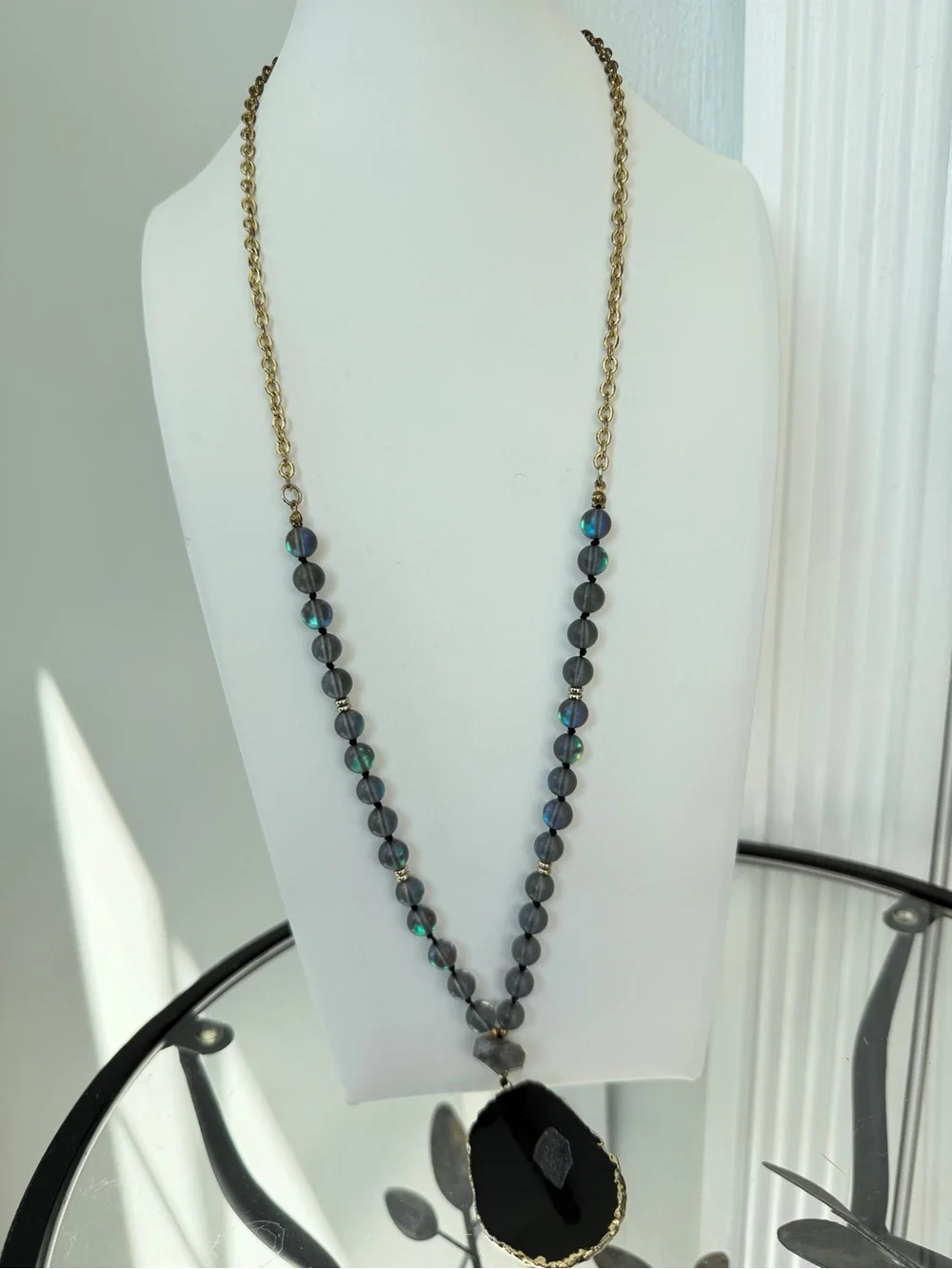 28” gold tone necklace w/ slab/druzy pendant, larvakite, and mermaid glass!